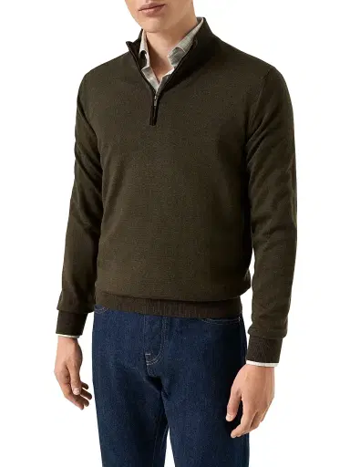 Eton Men's Merino Wool Quarter-Zip Sweater - Olive Green | Thumbnail 1 Eton Men's Merino Wool Quarter-Zip Sweater - Olive Green | Thumbnail 1