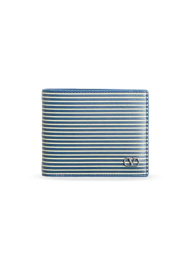 Valentino Garavani Men's Vlogo Signature Calfskin Wallet with Striped Print - Azure