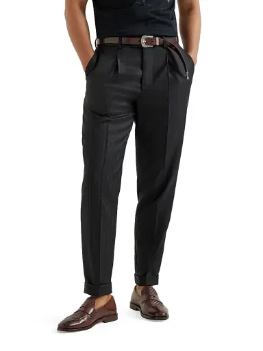 Brunello Cucinelli Men's Virgin Wool Chalk Stripe Batavia Trousers with Pleats - Black - Size 32 | Thumbnail 2