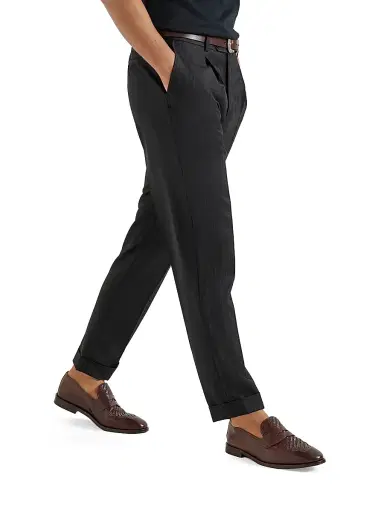Brunello Cucinelli Men's Virgin Wool Chalk Stripe Batavia Trousers with Pleats - Black - Size 32 | Thumbnail 3