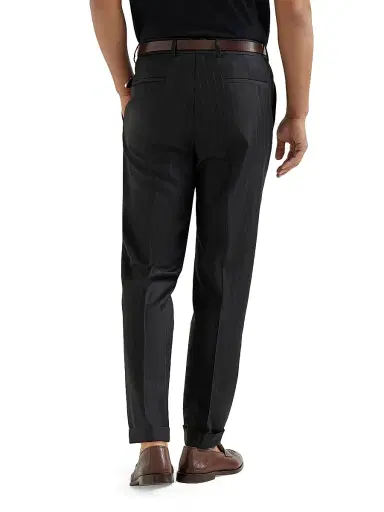 Brunello Cucinelli Men's Virgin Wool Chalk Stripe Batavia Trousers with Pleats - Black - Size 32 | Thumbnail 4
