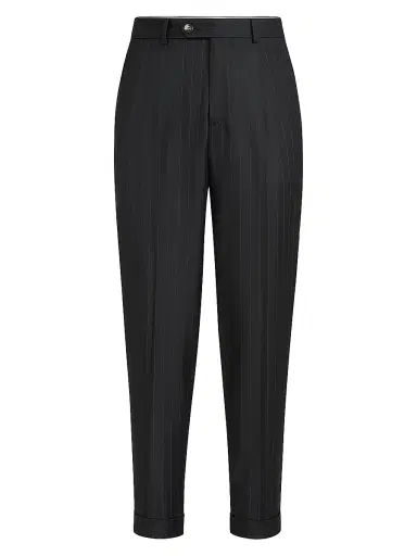 Brunello Cucinelli Men's Virgin Wool Chalk Stripe Batavia Trousers with Pleats - Black - Size 32 | Thumbnail 1