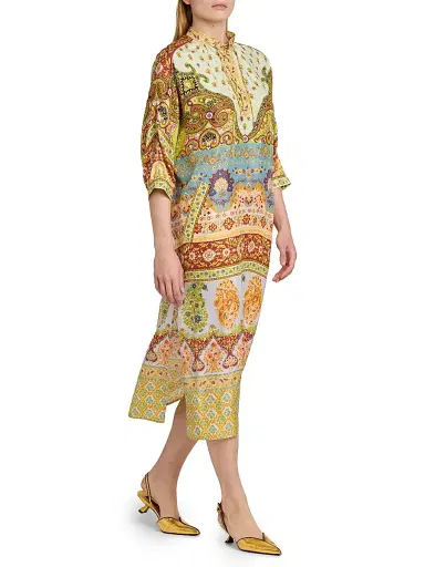 Etro Women's Floral Silk Lace-Up Tunic Midi-Dress - Printed Azure Base - Size 0 | Thumbnail 2