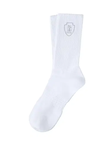 Brunello Cucinelli Men's Techno Cotton Rib Knit Socks with Embroidered Logo - White - Size XXL | Thumbnail 1