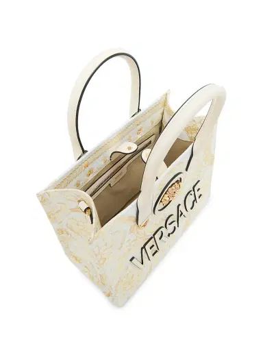 Versace Women's Barocco-Print Logo Cotton Tote Bag - Ecru Multicolor Gold | Thumbnail 3 Versace Women's Barocco-Print Logo Cotton Tote Bag - Ecru Multicolor Gold | Thumbnail 3