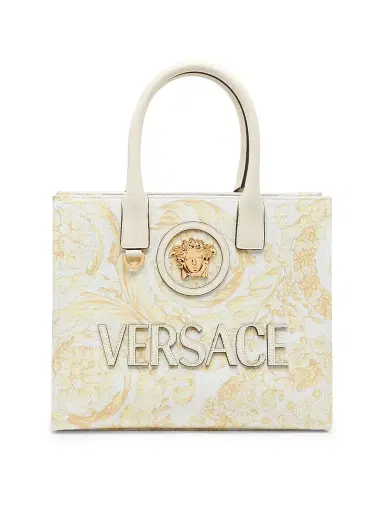 Versace Women's Barocco-Print Logo Cotton Tote Bag - Ecru Multicolor Gold | Thumbnail 1 Versace Women's Barocco-Print Logo Cotton Tote Bag - Ecru Multicolor Gold | Thumbnail 1