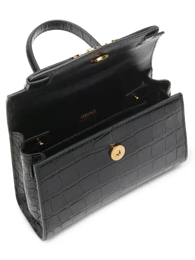 Versace Women's Small Croc-Embossed Leather Top Handle Bag - Black Gold | Thumbnail 3 Versace Women's Small Croc-Embossed Leather Top Handle Bag - Black Gold | Thumbnail 3