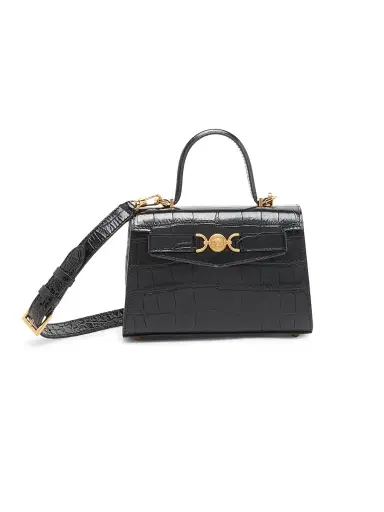 Versace Women's Small Croc-Embossed Leather Top Handle Bag - Black Gold | Thumbnail 1 Versace Women's Small Croc-Embossed Leather Top Handle Bag - Black Gold | Thumbnail 1