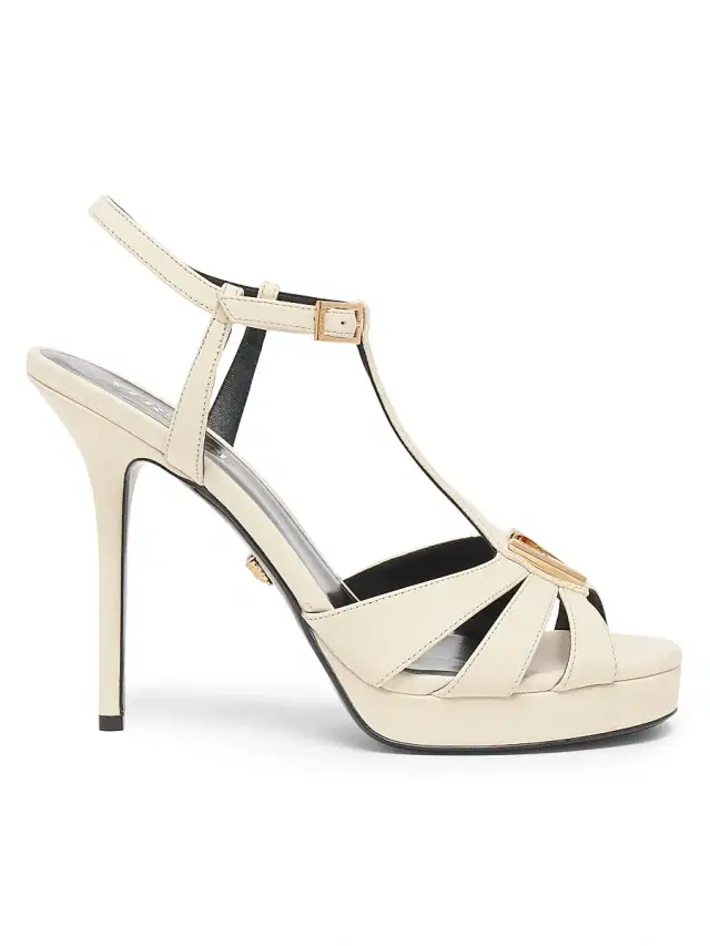 Versace Women's V 120MM Logo Leather Platform Sandals - Ecru  Gold