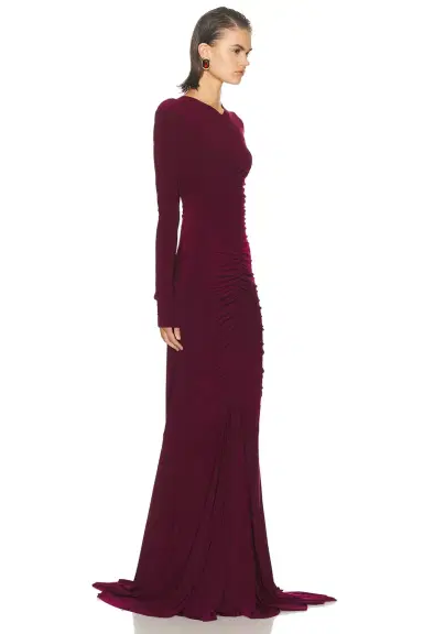 Norma Kamali Long Sleeve V Neck Shirred Front Fishtail Gown | Thumbnail 2 Norma Kamali Long Sleeve V Neck Shirred Front Fishtail Gown | Thumbnail 2