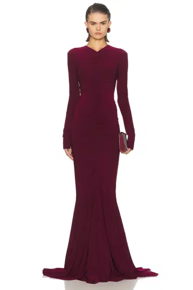 Norma Kamali Long Sleeve V Neck Shirred Front Fishtail Gown | Thumbnail 1 Norma Kamali Long Sleeve V Neck Shirred Front Fishtail Gown | Thumbnail 1