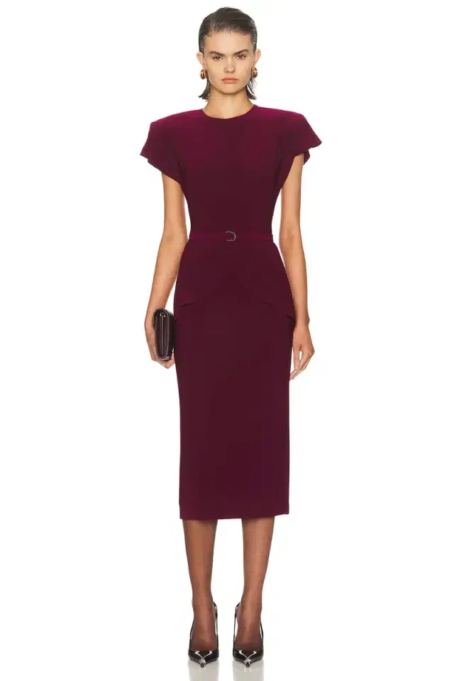 Cap Sleeve Shoulder Pad Peplum Midcalf Dress