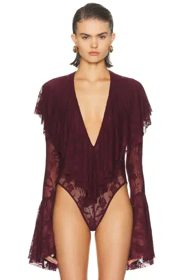 Norma Kamali Long Sleeve Deep V Ruffle Bodysuit | Thumbnail 2
