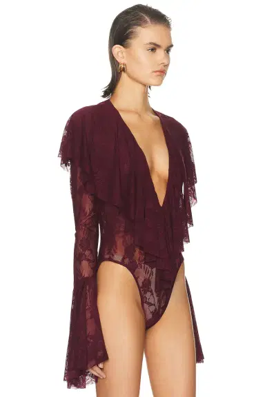 Norma Kamali Long Sleeve Deep V Ruffle Bodysuit | Thumbnail 3