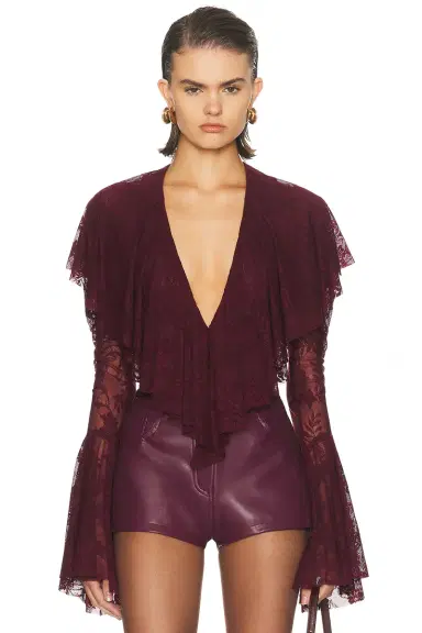 Norma Kamali Long Sleeve Deep V Ruffle Bodysuit | Thumbnail 1