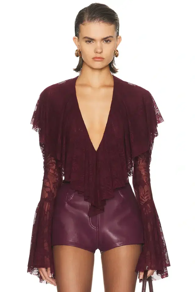 Norma Kamali Long Sleeve Deep V Ruffle Bodysuit