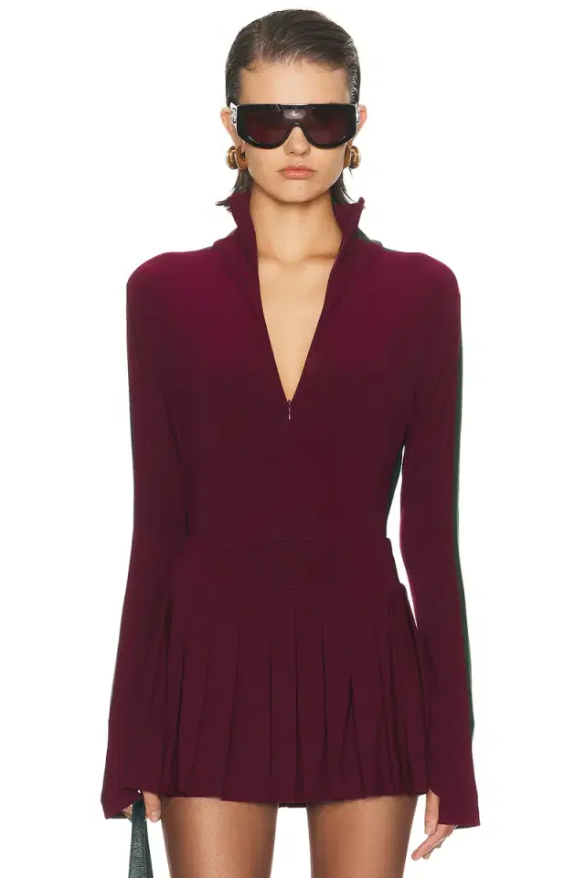 Norma Kamali Side Stripe Zip Front Long Sleeve Turtleneck Bodysuit