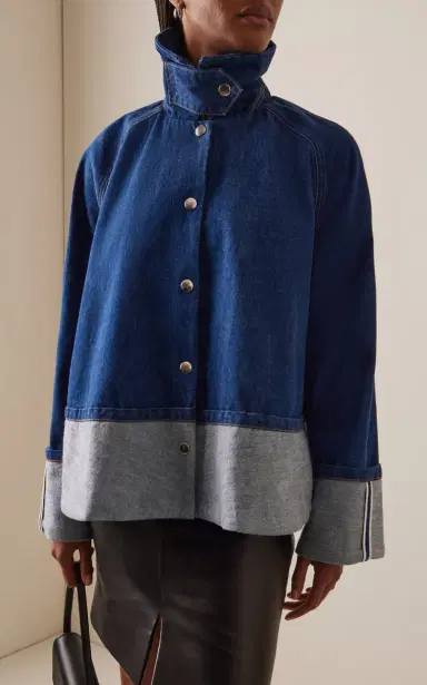 Brandon Maxwell The Wells Cotton Cuffed Denim Trapeze Jacket | Thumbnail 3 Brandon Maxwell The Wells Cotton Cuffed Denim Trapeze Jacket | Thumbnail 3