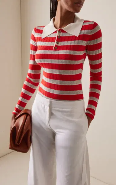 Brandon Maxwell The Joni Striped Silk-Cashmere Polo Top | Thumbnail 3 Brandon Maxwell The Joni Striped Silk-Cashmere Polo Top | Thumbnail 3
