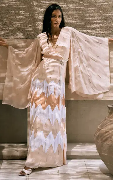 Ola by Ohaila Khan Fringe-Trimmed Embroidered Crepe Maxi Wrap Dress | Thumbnail 2