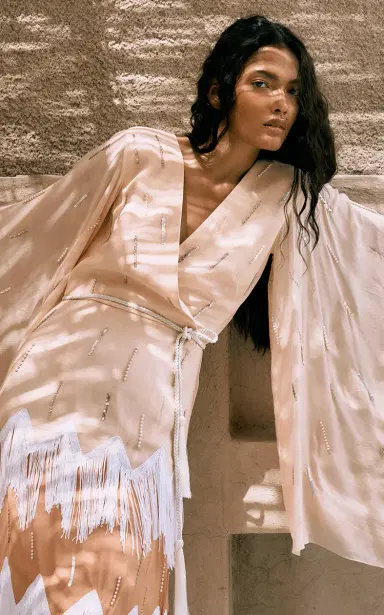 Ola by Ohaila Khan Fringe-Trimmed Embroidered Crepe Maxi Wrap Dress | Thumbnail 3