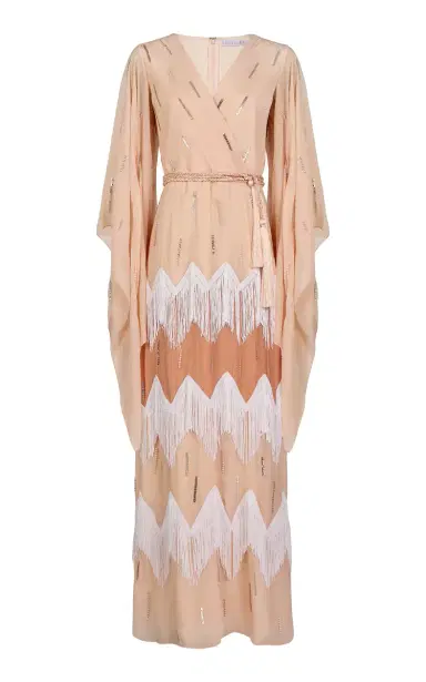 Ola by Ohaila Khan Fringe-Trimmed Embroidered Crepe Maxi Wrap Dress | Thumbnail 4