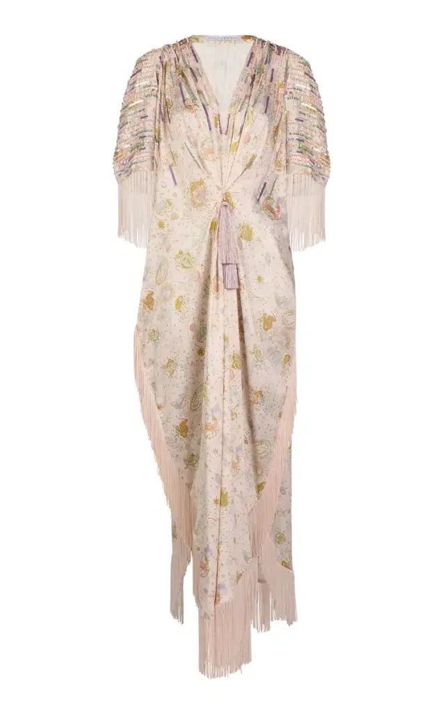 Fringe-Trimmed Sequined Crepe Caftan Dress