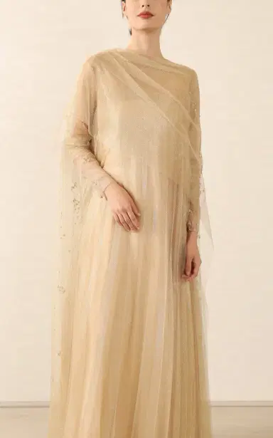 Mauzan Cape-Detailed Embellished Tulle Caftan Dress | Thumbnail 2