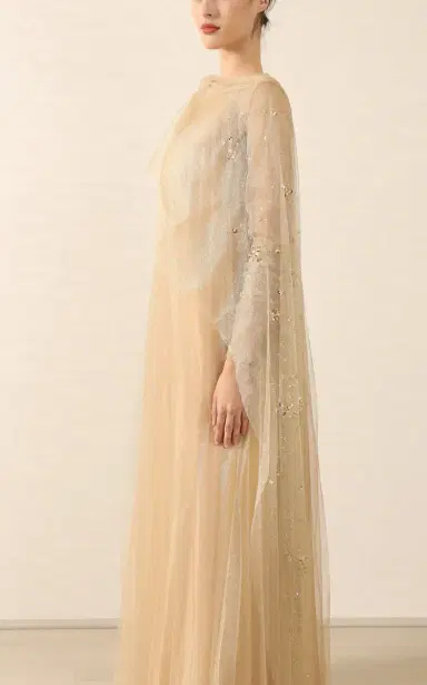 Mauzan Cape-Detailed Embellished Tulle Caftan Dress | Thumbnail 4