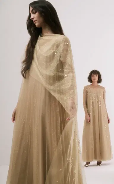 Mauzan Cape-Detailed Embellished Tulle Caftan Dress | Thumbnail 6