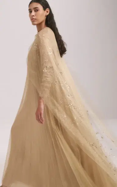 Mauzan Cape-Detailed Embellished Tulle Caftan Dress | Thumbnail 7