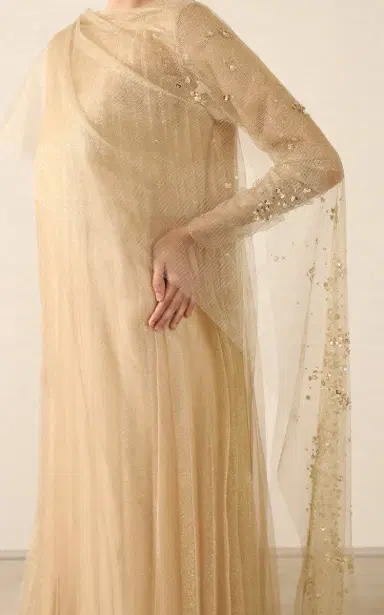 Mauzan Cape-Detailed Embellished Tulle Caftan Dress | Thumbnail 8