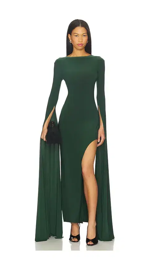 Norma Kamali Open Back Ribbon Sleeve Wide Slit Gown