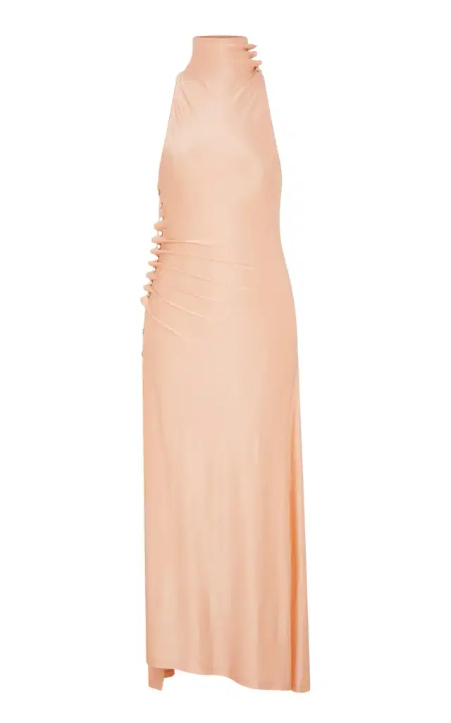 Rabanne Button-Embellished Stretch-Satin Halter Dress