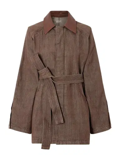 OSSOU Sweep Belted Leather-trimmed Denim Jacket | Thumbnail 1
