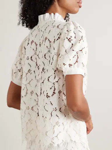 Loretta Caponi Iole Ruffled Smocked Cotton-trimmed Guipure Lace Blouse | Thumbnail 3