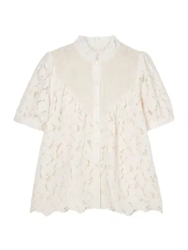Loretta Caponi Iole Ruffled Smocked Cotton-trimmed Guipure Lace Blouse | Thumbnail 1