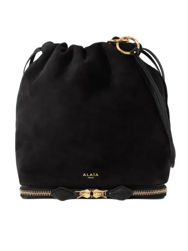 Alaïa Le Pochon Leather-trimmed Suede Shoulder Bag | Thumbnail 1 Alaïa Le Pochon Leather-trimmed Suede Shoulder Bag | Thumbnail 1