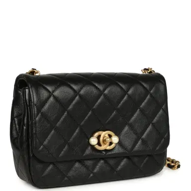 Chanel Chanel Small Pearl Flap Bag Black Shiny Calfskin Brushed Gold Hardware | Thumbnail 2