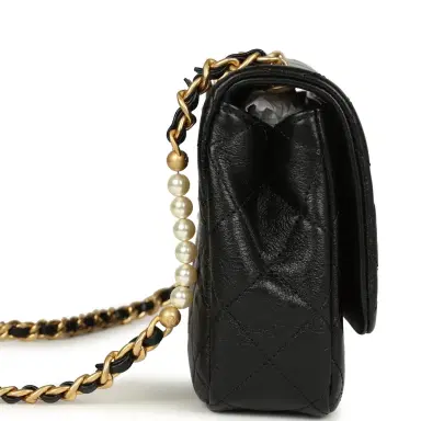Chanel Chanel Small Pearl Flap Bag Black Shiny Calfskin Brushed Gold Hardware | Thumbnail 3