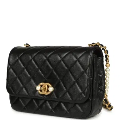 Chanel Chanel Small Pearl Flap Bag Black Shiny Calfskin Brushed Gold Hardware | Thumbnail 5