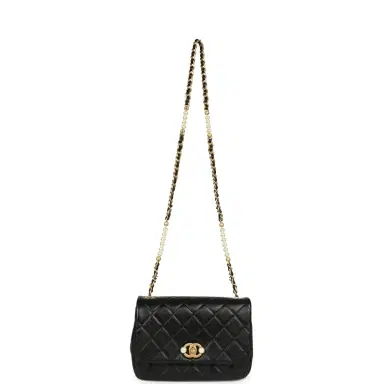 Chanel Chanel Small Pearl Flap Bag Black Shiny Calfskin Brushed Gold Hardware | Thumbnail 7
