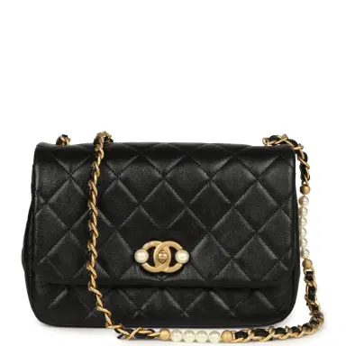 Chanel Chanel Small Pearl Flap Bag Black Shiny Calfskin Brushed Gold Hardware | Thumbnail 1