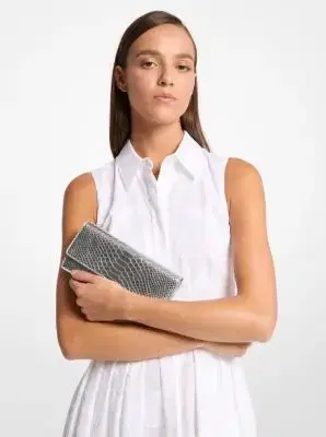 Michael Kors Collection Cate Metallic Snake Embossed Leather Clutch in Silver - One Size by Michael Kors Collection | Thumbnail 5