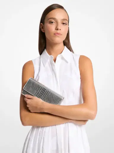 Michael Kors Collection Cate Metallic Snake Embossed Leather Clutch in Silver - One Size by Michael Kors Collection | Thumbnail 8