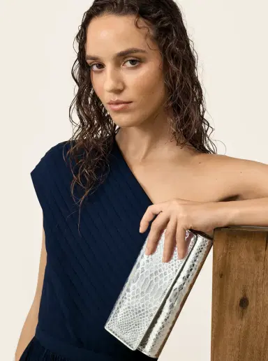 Michael Kors Collection Cate Metallic Snake Embossed Leather Clutch in Silver - One Size by Michael Kors Collection | Thumbnail 9