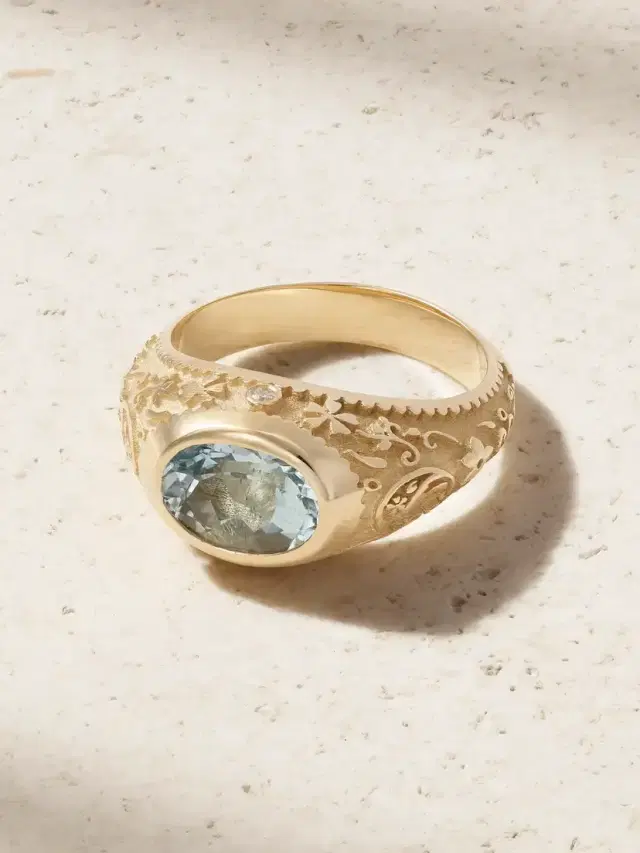 Southwestern Signet 14-karat Gold Aquamarine Ring