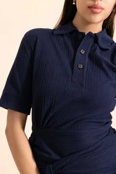 Victoria Beckham Twist Detail Polo Top - Navy | Thumbnail 3