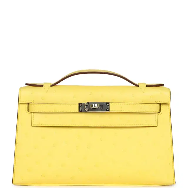hermes Hermes Kelly Pochette Jaune Citron Ostrich Palladium Hardware