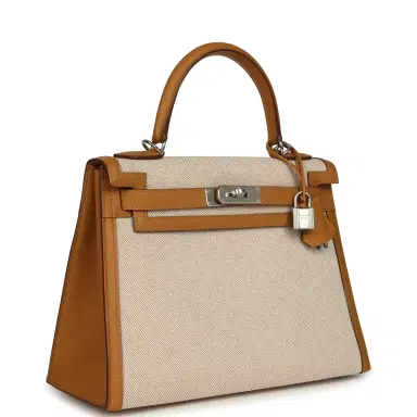 HERMÈS Pre-owned Hermes Kelly Sellier 28 Beige & Ecru Toile H Canvas and Sesame Swift Palladium Hardware | Thumbnail 2